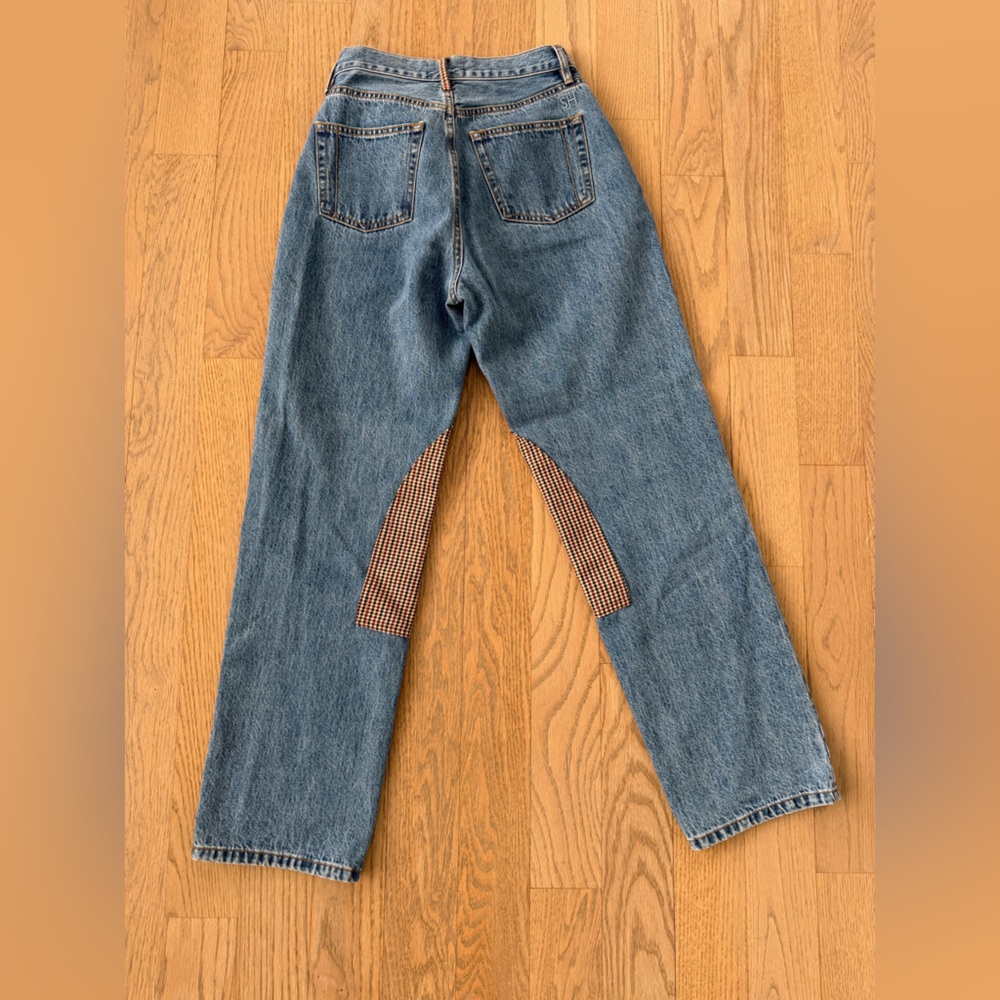 Still Here Classic Blue Straight Leg Jeans with Brown Plaid Detail size 26 - Picture 3 of 5